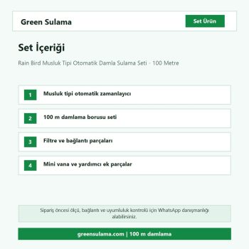 Rain Bird musluk tipi 100 metre damla sulama seti set içeriği ve parça listesi