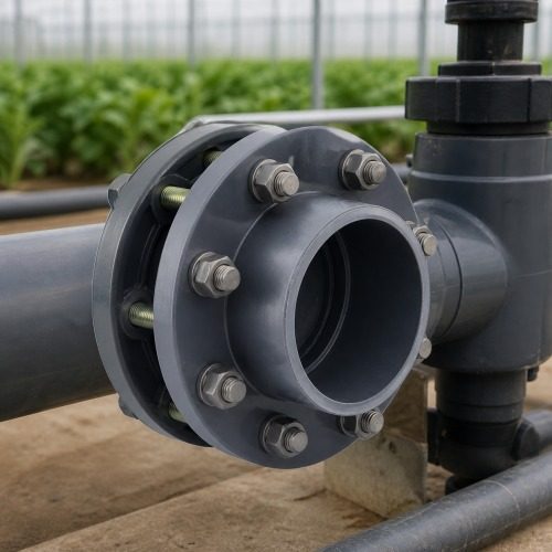 Pimtaş UH-PVC yapıştırma muflu flanş takımı tarımsal sulama uygulaması