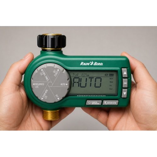 Rain Bird Premium musluk tipi pilli kontrol ünitesi elde kullanım görünümü