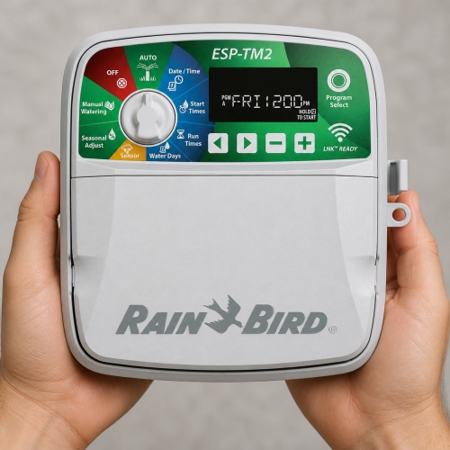 Rain Bird ESP-TM2 230V 4 istasyonlu dış mekân kontrol ünitesi elde kullanım görünümü