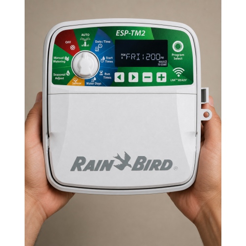 Rain Bird ESP-TM2I 12 istasyonlu iç mekân sulama kontrol ünitesi elde kullanım görünümü