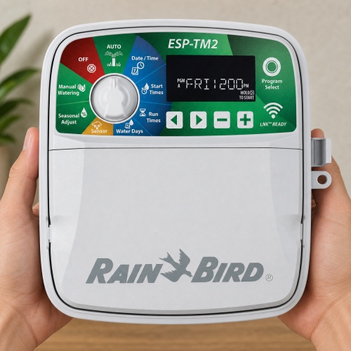 Rain Bird ESP-TM2I 4 istasyonlu iç mekân sulama kontrol ünitesi elde kullanım görünümü