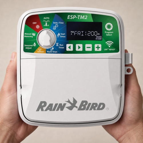 Rain Bird ESP-TM2I 6 istasyonlu iç mekân sulama kontrol ünitesi elde kullanım görünümü
